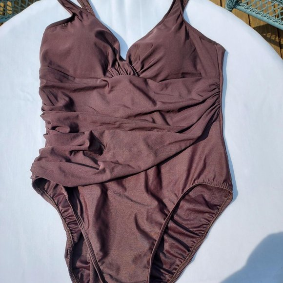 Trimshaper size 16 Ruched Chocolate Colored one piece. - Picture 1 of 6
